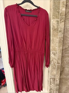Mikarose Burgundy V-Neck Long Sleeve Ruffle-Trim Dress
